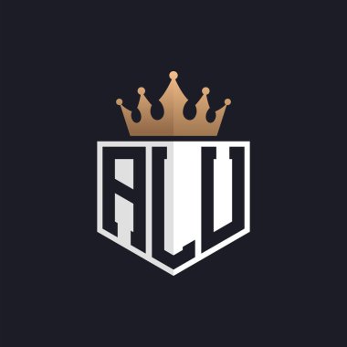 Crown 'lu lüks ALU logosu. Seçkin Markalar için Zarif Baş harfler ALU Harf Logosu. Üst Düzey İşletmeler için ALU Monogramı