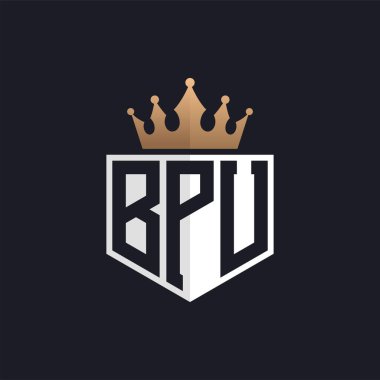 Crown 'lu lüks BPU logosu. Seçkin Markalar için Zarif Baş harfler BPU Harf Logosu. Üst Düzey İşletmeler için Harf BPU Monogramı