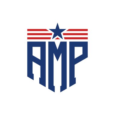 Yıldız ve Amerikan Bayrak Kayışlı Vatansever AMP logosu. ABD Bayrağı ile AMP Logosu Harfi