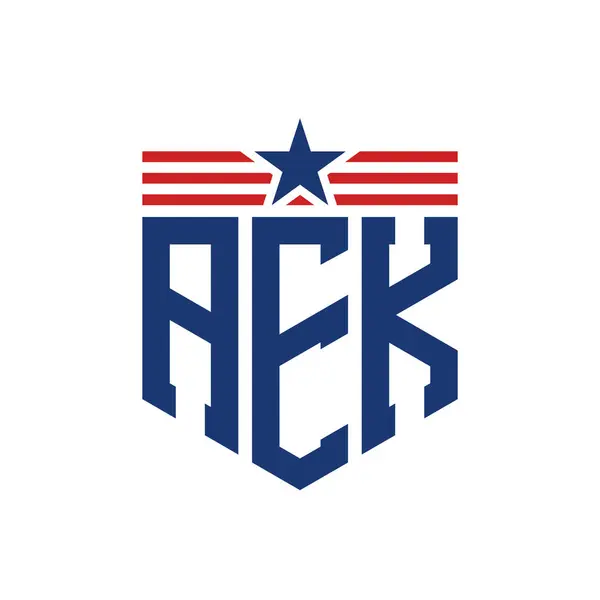 Stock vector Patriotic AEK Logo with Star and American Flag Straps. Letter AEK Logo with USA Flag