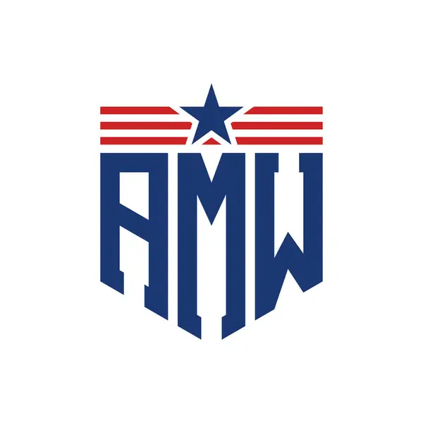 stock vector Patriotic AMW Logo with Star and American Flag Straps. Letter AMW Logo with USA Flag