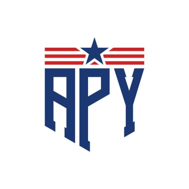 Patriotic APY Logo with Star and American Flag Straps. Letter APY Logo with USA Flag clipart