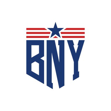 Patriotic BNY Logo with Star and American Flag Straps. Letter BNY Logo with USA Flag clipart