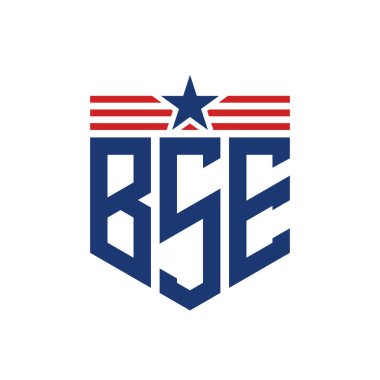 Patriotic BSE Logo with Star and American Flag Straps. Letter BSE Logo with USA Flag clipart