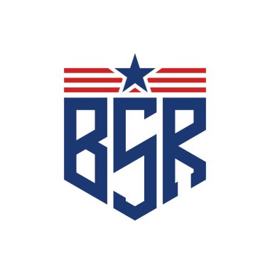 Patriotic BSR Logo with Star and American Flag Straps. Letter BSR Logo with USA Flag clipart