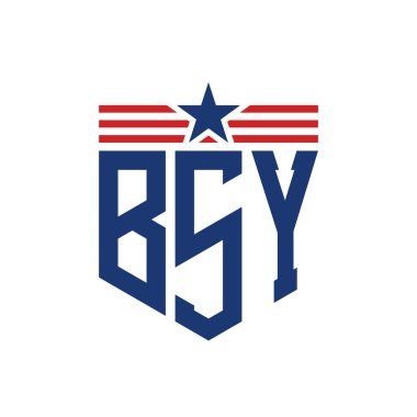 Patriotic BSY Logo with Star and American Flag Straps. Letter BSY Logo with USA Flag clipart