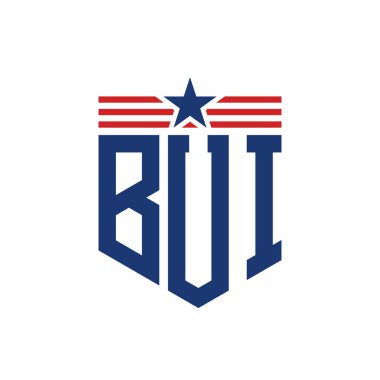 Patriotic BUI Logo with Star and American Flag Straps. Letter BUI Logo with USA Flag clipart