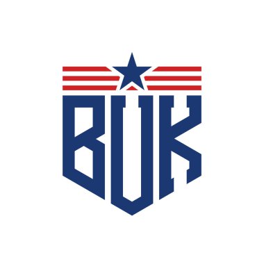 Patriotic BUK Logo with Star and American Flag Straps. Letter BUK Logo with USA Flag clipart