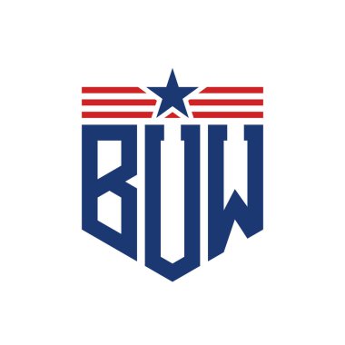 Patriotic BUW Logo with Star and American Flag Straps. Letter BUW Logo with USA Flag clipart