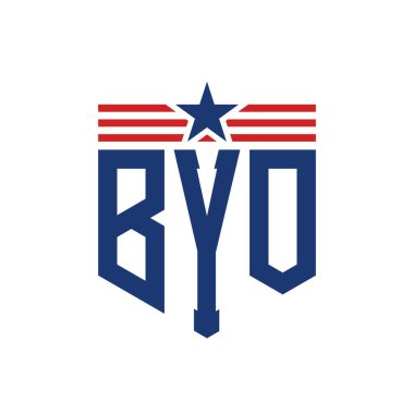 Patriotic BYO Logo with Star and American Flag Straps. Letter BYO Logo with USA Flag clipart