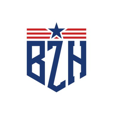 Patriotic BZH Logo with Star and American Flag Straps. Letter BZH Logo with USA Flag clipart