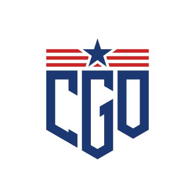 Patriotic CGO Logo with Star and American Flag Straps. Letter CGO Logo with USA Flag clipart