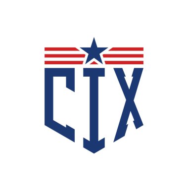 Patriotic CIX Logo with Star and American Flag Straps. Letter CIX Logo with USA Flag clipart