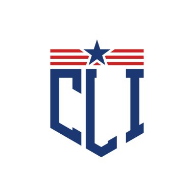 Patriotic CLI Logo with Star and American Flag Straps. Letter CLI Logo with USA Flag clipart