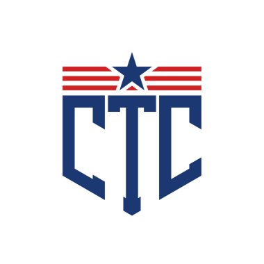 Patriotic CTC Logo with Star and American Flag Straps. Letter CTC Logo with USA Flag clipart