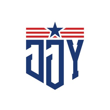 Patriotic JJY Logo with Star and American Flag Straps. Letter JJY Logo with USA Flag clipart