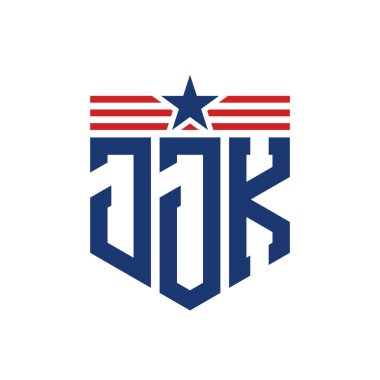 Patriotic JJK Logo with Star and American Flag Straps. Letter JJK Logo with USA Flag clipart