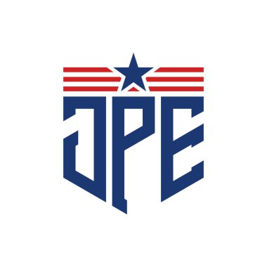 Patriotic JPE Logo with Star and American Flag Straps. Letter JPE Logo with USA Flag clipart