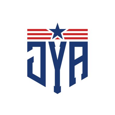 Patriotic JYA Logo with Star and American Flag Straps. Letter JYA Logo with USA Flag clipart