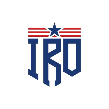 Patriotic IRO Logo with Star and American Flag Straps. Letter IRO Logo with USA Flag clipart