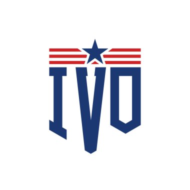 Yıldız ve Amerikan Bayrak Kayışlı Vatansever IVO logosu. ABD Bayrağı ile IVO Logosu