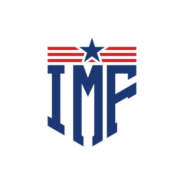 Yıldız ve Amerikan Bayrak Kayışlı Vatansever IMF logosu. ABD Bayrağıyla IMF Mektubu Logosu