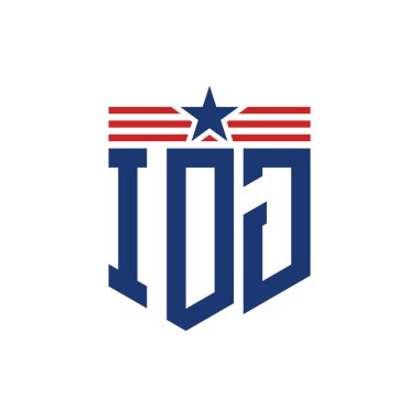 Patriotic IDJ Logo with Star and American Flag Straps. Letter IDJ Logo with USA Flag clipart