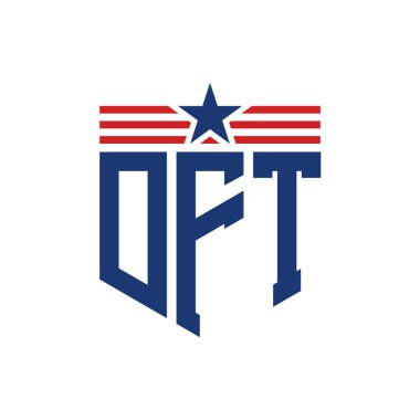 Patriotic DFT Logo with Star and American Flag Straps. Letter DFT Logo with USA Flag clipart