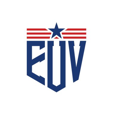 Patriotic EUV Logo with Star and American Flag Straps. Letter EUV Logo with USA Flag clipart