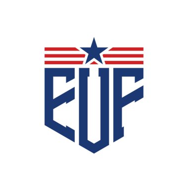 Patriotic EUF Logo with Star and American Flag Straps. Letter EUF Logo with USA Flag clipart