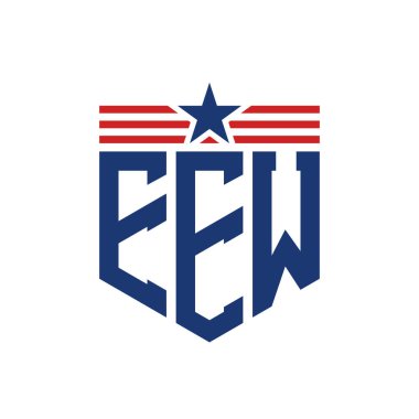 Patriotic EEW Logo with Star and American Flag Straps. Letter EEW Logo with USA Flag clipart