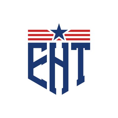 Patriotic EHT Logo with Star and American Flag Straps. Letter EHT Logo with USA Flag clipart