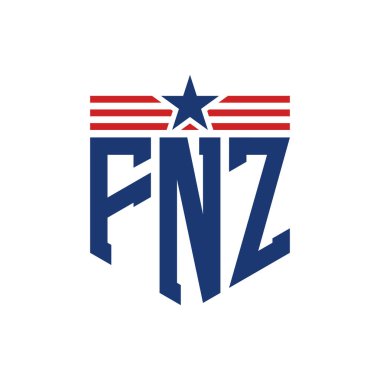 Yıldız ve Amerikan Bayrak Kayışlı Vatansever FNZ logosu. ABD Bayrağı ile FNZ Logosu