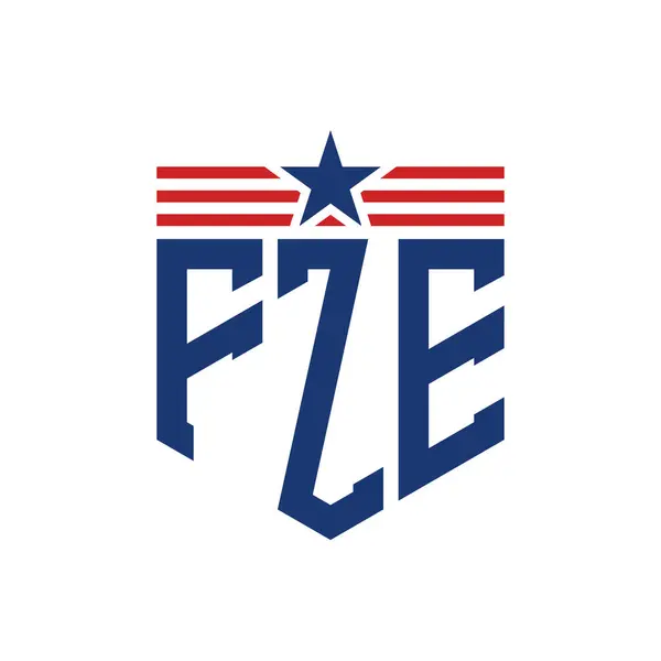 stock vector Patriotic FZE Logo with Star and American Flag Straps. Letter FZE Logo with USA Flag