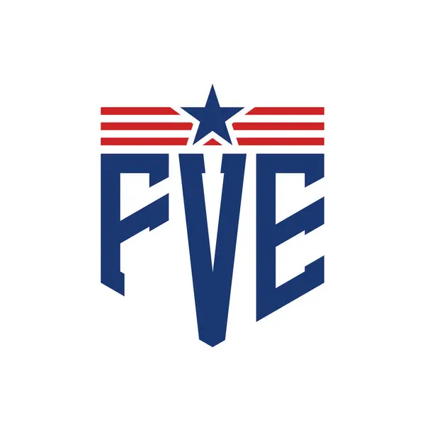 stock vector Patriotic FVE Logo with Star and American Flag Straps. Letter FVE Logo with USA Flag