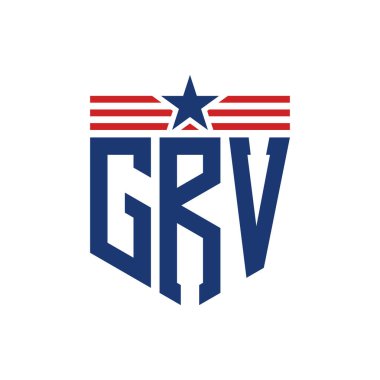 Yıldız ve Amerikan Bayrak Kayışlı Yurtsever GRV logosu. ABD Bayrağı ile GRV Harfi Logosu