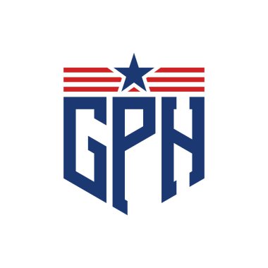 Patriotic GPH Logo with Star and American Flag Straps. Letter GPH Logo with USA Flag clipart