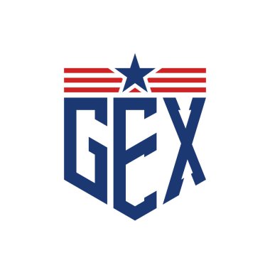 Patriotic GEX Logo with Star and American Flag Straps. Letter GEX Logo with USA Flag clipart