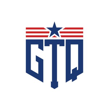 Patriotic GTQ Logo with Star and American Flag Straps. Letter GTQ Logo with USA Flag clipart