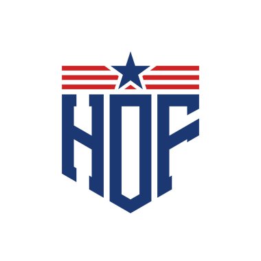 Yıldız ve Amerikan Bayrak Kayışlı Vatansever HOF logosu. ABD Bayrağı ile HOF Harfi