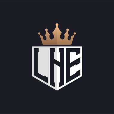 Crown 'lu lüks LHE logosu. Seçkin Markalar için Zarif LHE Harf Logosu. Yüksek Kalite İşletmeler İçin LHE Monogramı