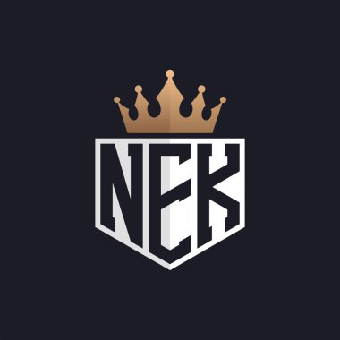 Crown 'lu lüks NEK Logosu. Seçkin Markalar İçin Zarif Baş harfler NEK Harf Logosu. Yüksek Kalite İşletmeler İçin NEK Monogramı