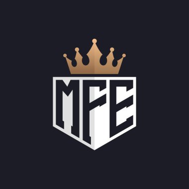 Crown 'lu lüks MFE Logosu. Seçkin Markalar için Zarif Baş harfler MFE Harf Logosu. Üst Düzey İşletmeler İçin MFE Monogramı