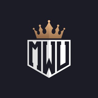 Crown 'lu lüks MWU logosu. Seçkin Markalar için MWU Baş harfleri harf logosu. En Üst Düzey İşletmeler İçin MWU Monogramı