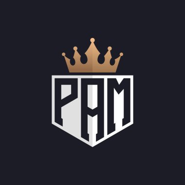 Crown 'lu lüks PAM logosu. Seçkin Markalar için Zarif Baş harfler PAM Harf Logosu. Üst Düzey İşletmeler İçin Pam Mektubu Monogramı