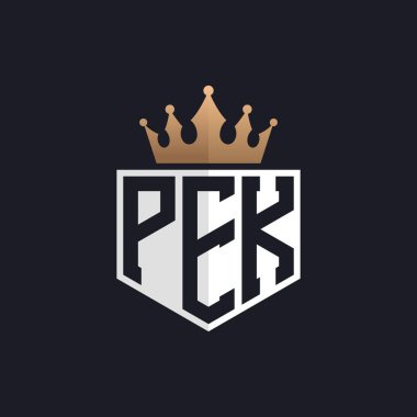 Crown 'lu lüks PEK Logosu. Özel Markalar İçin Zarif Baş harfleri PEK Harf Logosu. Yüksek Kalite İşletmeler İçin PEK Monogramı