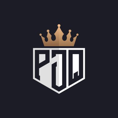 Crown 'lu lüks PJQ logosu. Seçkin Markalar için Zarif Baş harfler PJQ Harf Logosu. Üst Düzey İşletmeler için PJQ Monogramı