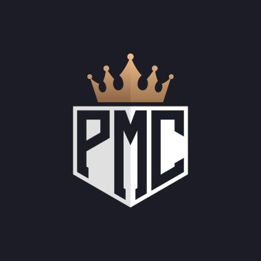 Crown 'la lüks PMC Logosu. Seçkin Markalar için Zarif Baş harfler PMC Harf Logosu. Üst Düzey İşletmeler için PMC Monogramı