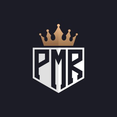 Crown 'la lüks PMR logosu. Seçkin Markalar için Zarif Baş harfler PMR Harf Logosu. Üst Düzey İşletmeler için PMR Monogramı