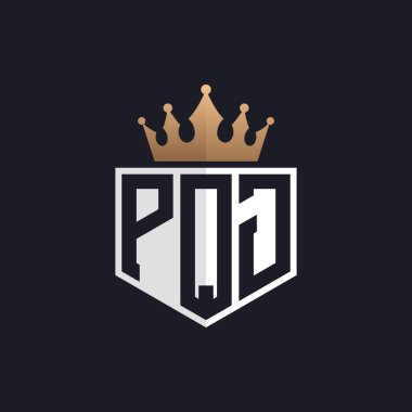 Crown 'lu lüks PQJ logosu. Seçkin Markalar için PQJ Harf Logosu. Üst Düzey İşletmeler için PQJ Monogramı